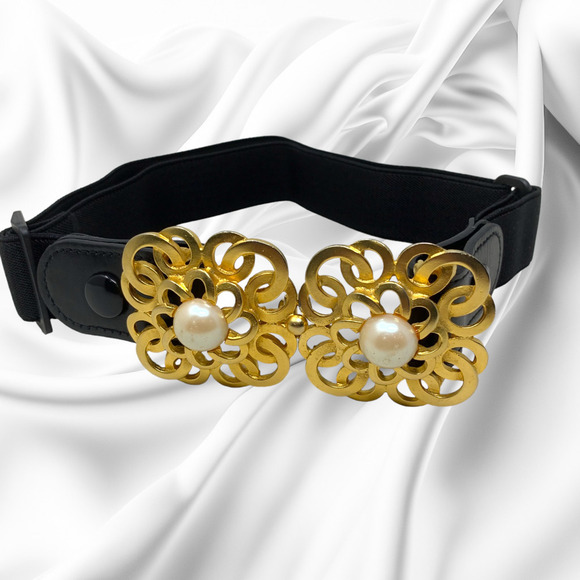 Vintage 1980s Mimi D N 2 Piece Belt Buckle Filigree Faux Pearl Gold Tone + Belt main image 5
